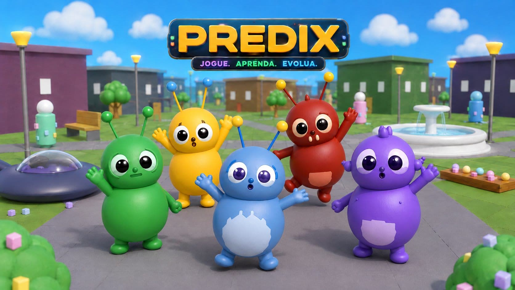 Predix — Jogue. Aprenda. Evolua. Os cinco personagens juntos na Cidade da Alegria