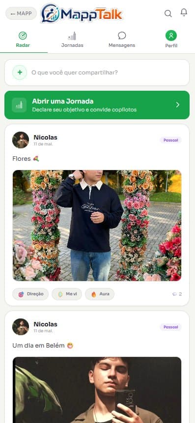 Feed do MAPP Talk com posts e reações